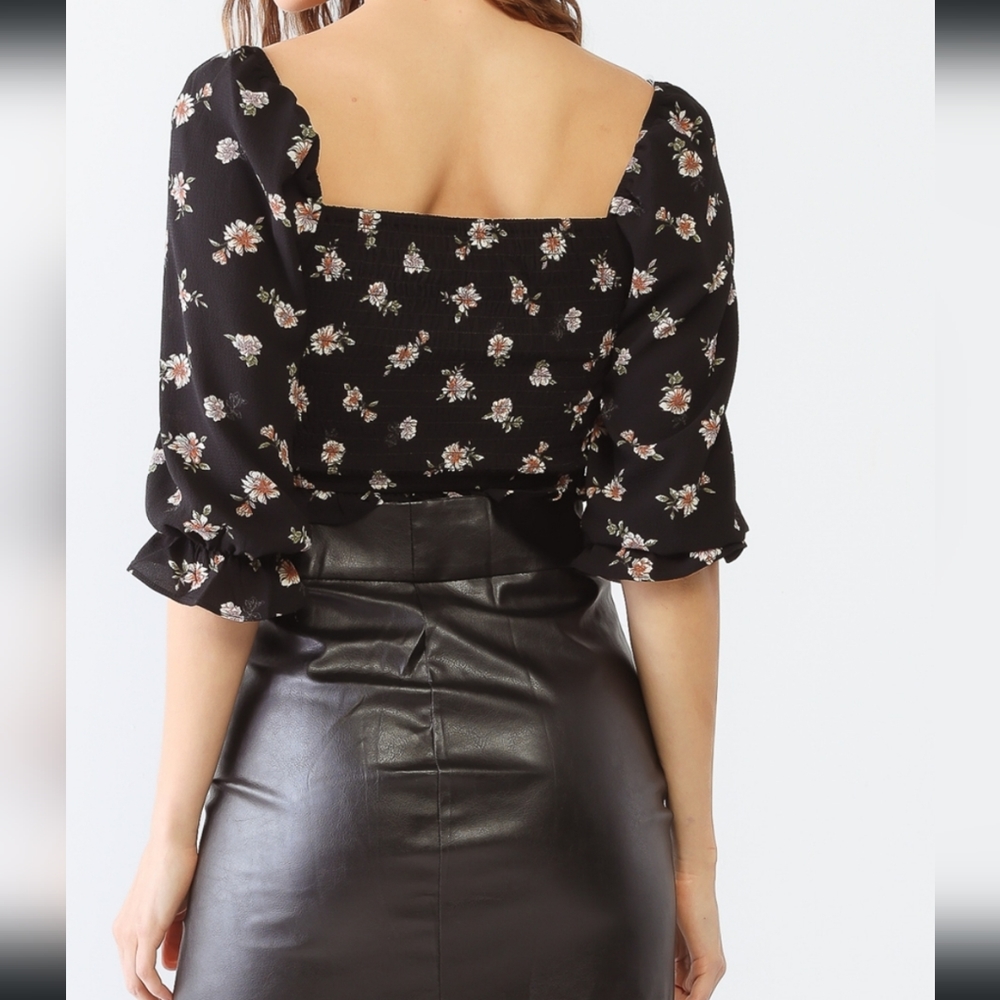 PAPERMOON Floral Print Textured Ruffle Midi Sleeve Smocked Back Ruched C… - Picture 2 of 3